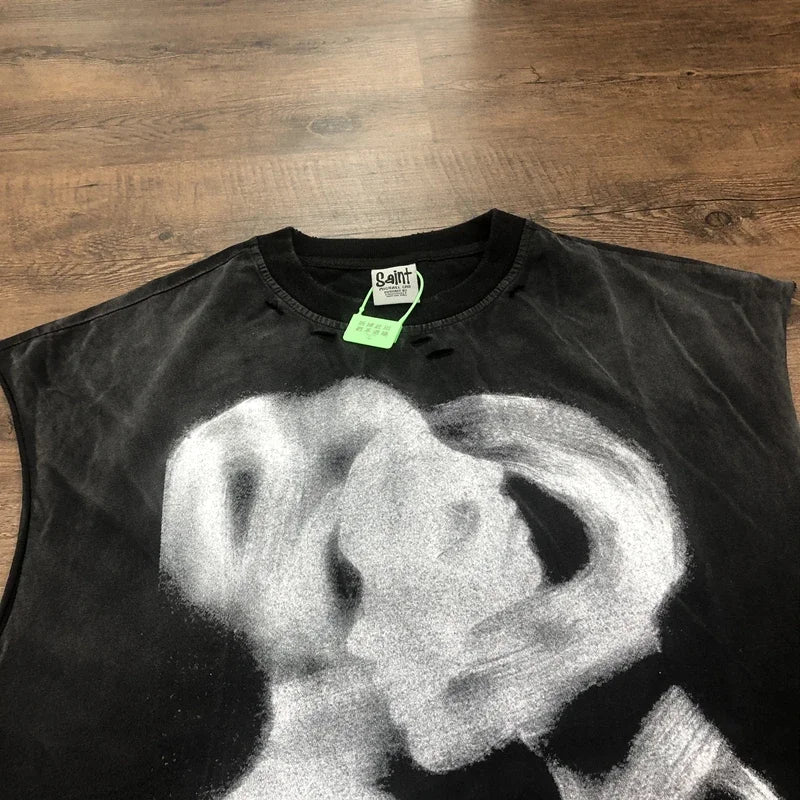 SAINT OF MICHAEL Best Quality IMPRESSION OF LOVE Vintage Clothing Hole Printed Loose 100%Cotton Tops Oversized Vest For Men