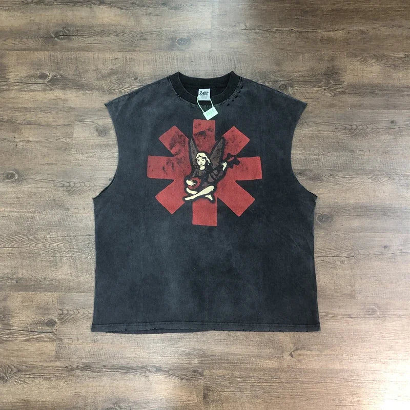 SAINT OF MICHAEL Fashion Vintage Clothing Streetwear Summer 100%Cotton Hole Tops Loose Oversized Printed Casual Vest For Men