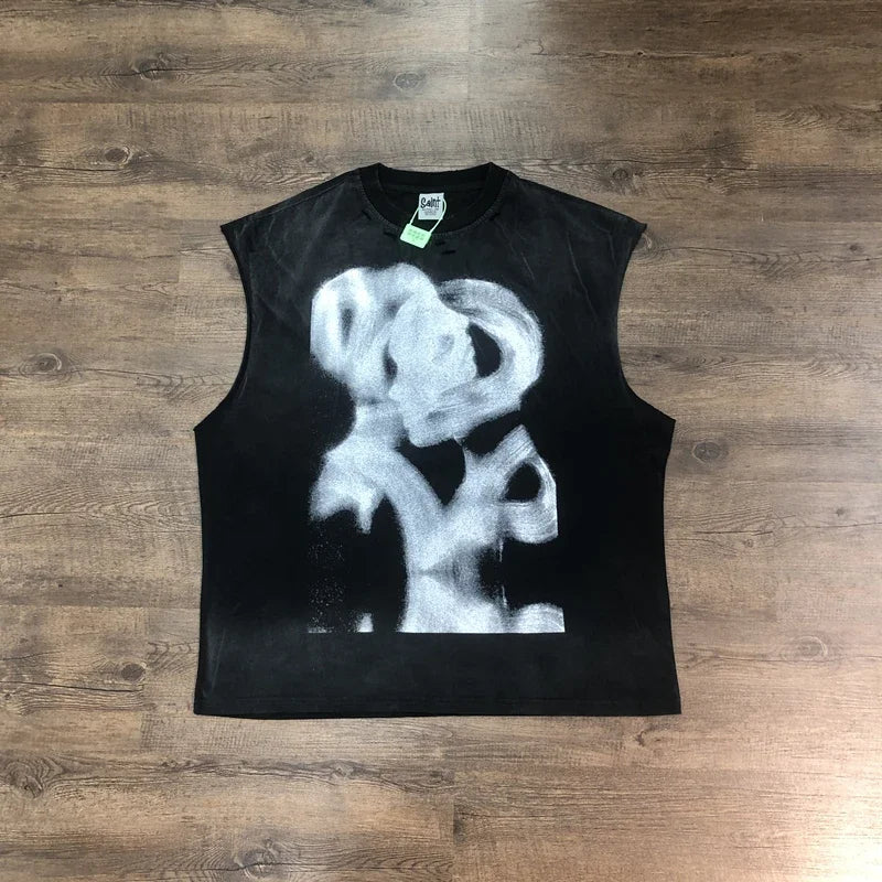 SAINT OF MICHAEL Best Quality IMPRESSION OF LOVE Vintage Clothing Hole Printed Loose 100%Cotton Tops Oversized Vest For Men