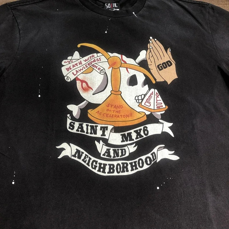Saint Of Michael 1:1 Best Quality Streetwear Printed Vintage Tee Loose Oversized Casual Tops Summer 100%Cotton T Shirt Men