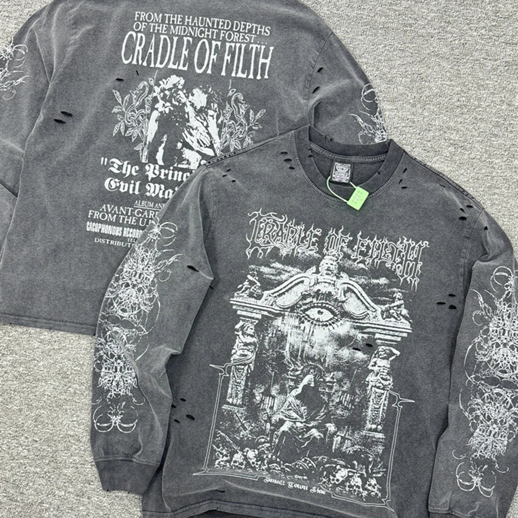 SAINT OF MICHAEL American Style Fashion Streetwear Vintage Hole Long Sleeves Tee Loose Oversized Tops 100%Cotton T Shirt Men