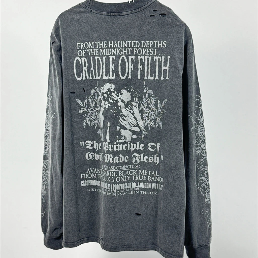 SAINT OF MICHAEL American Style Fashion Streetwear Vintage Hole Long Sleeves Tee Loose Oversized Tops 100%Cotton T Shirt Men