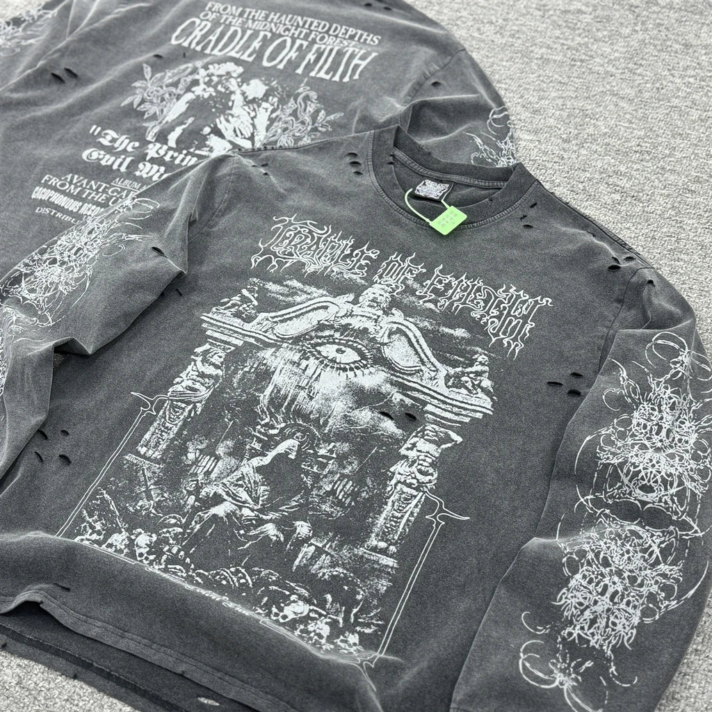 SAINT OF MICHAEL American Style Fashion Streetwear Vintage Hole Long Sleeves Tee Loose Oversized Tops 100%Cotton T Shirt Men