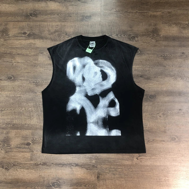 SAINT OF MICHAEL Best Quality IMPRESSION OF LOVE Vintage Clothing Hole Printed Loose 100%Cotton Tops Oversized Vest For Men