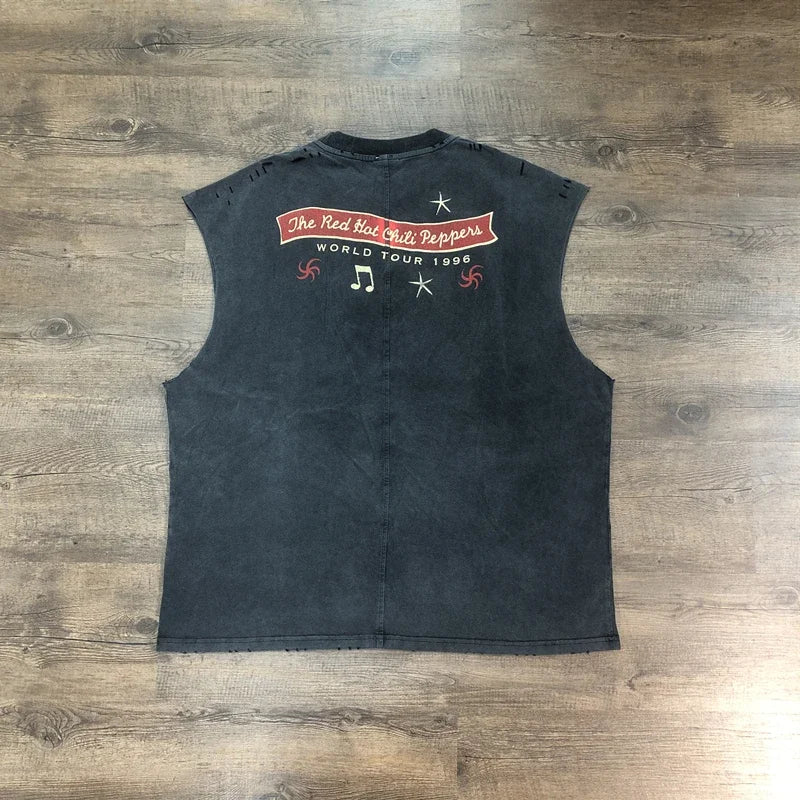 SAINT OF MICHAEL Fashion Vintage Clothing Streetwear Summer 100%Cotton Hole Tops Loose Oversized Printed Casual Vest For Men