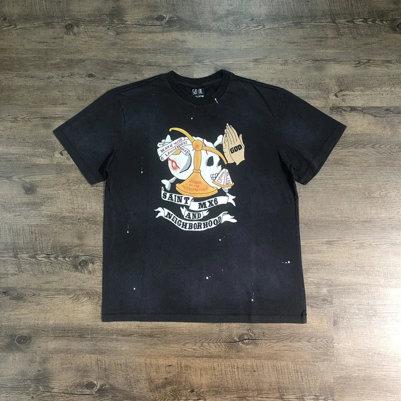 Saint Of Michael 1:1 Best Quality Streetwear Printed Vintage Tee Loose Oversized Casual Tops Summer 100%Cotton T Shirt Men