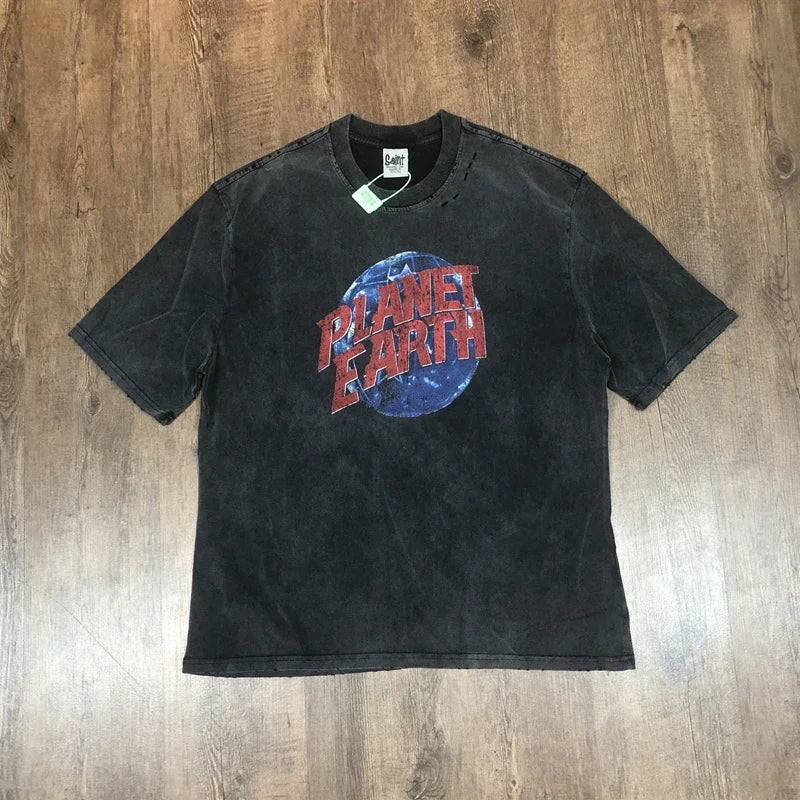 SAINT OF MICHAEL Fashion American Style Streetwear Vintage Hole Tee Casual 100%Cotton Loose Oversized Tops Summer T Shirt Men