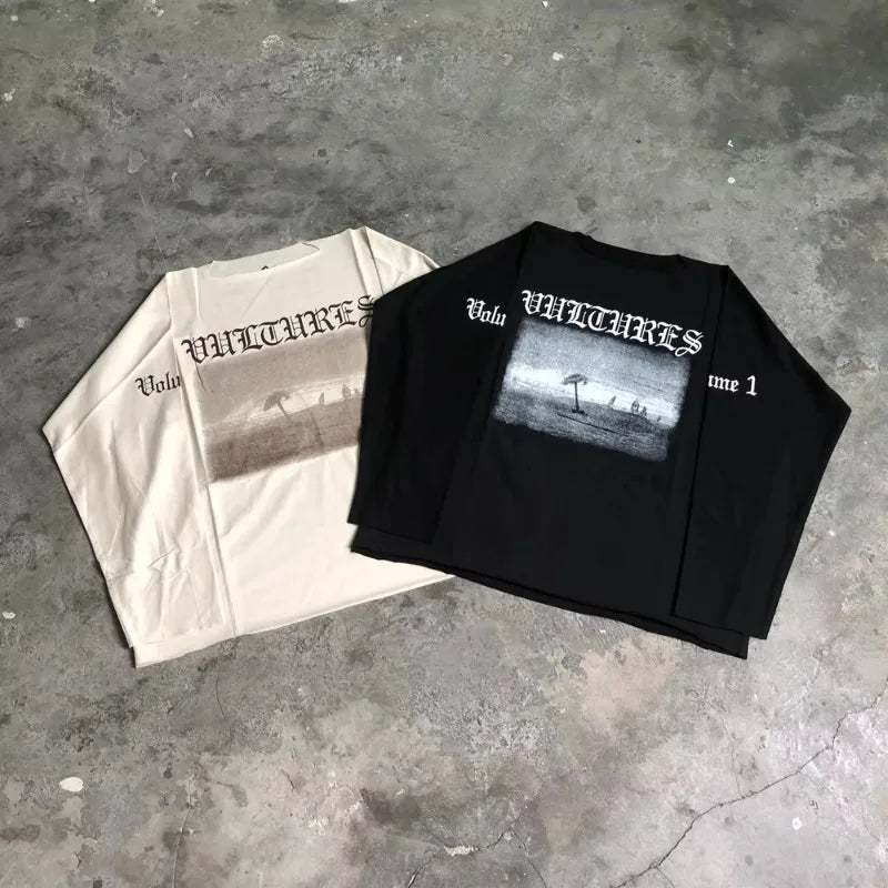 SAINT OF MICHAEL YE Vultures DONDA Kanye Quality Printed Long Sleeves 100%Cotton Casual Loose Oversized Tops T Shirt For Men