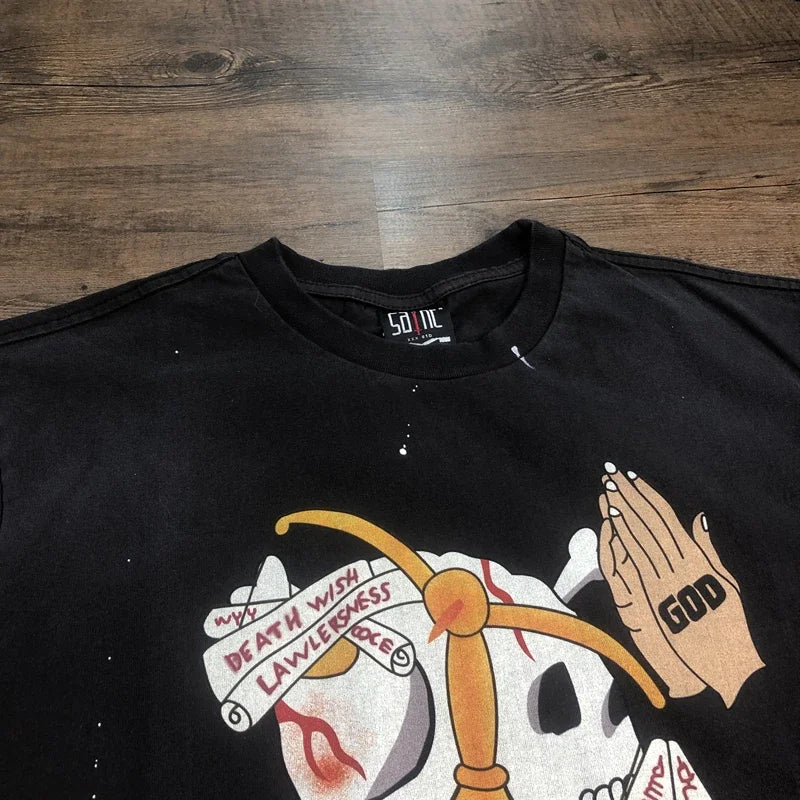 Saint Of Michael 1:1 Best Quality Streetwear Printed Vintage Tee Loose Oversized Casual Tops Summer 100%Cotton T Shirt Men