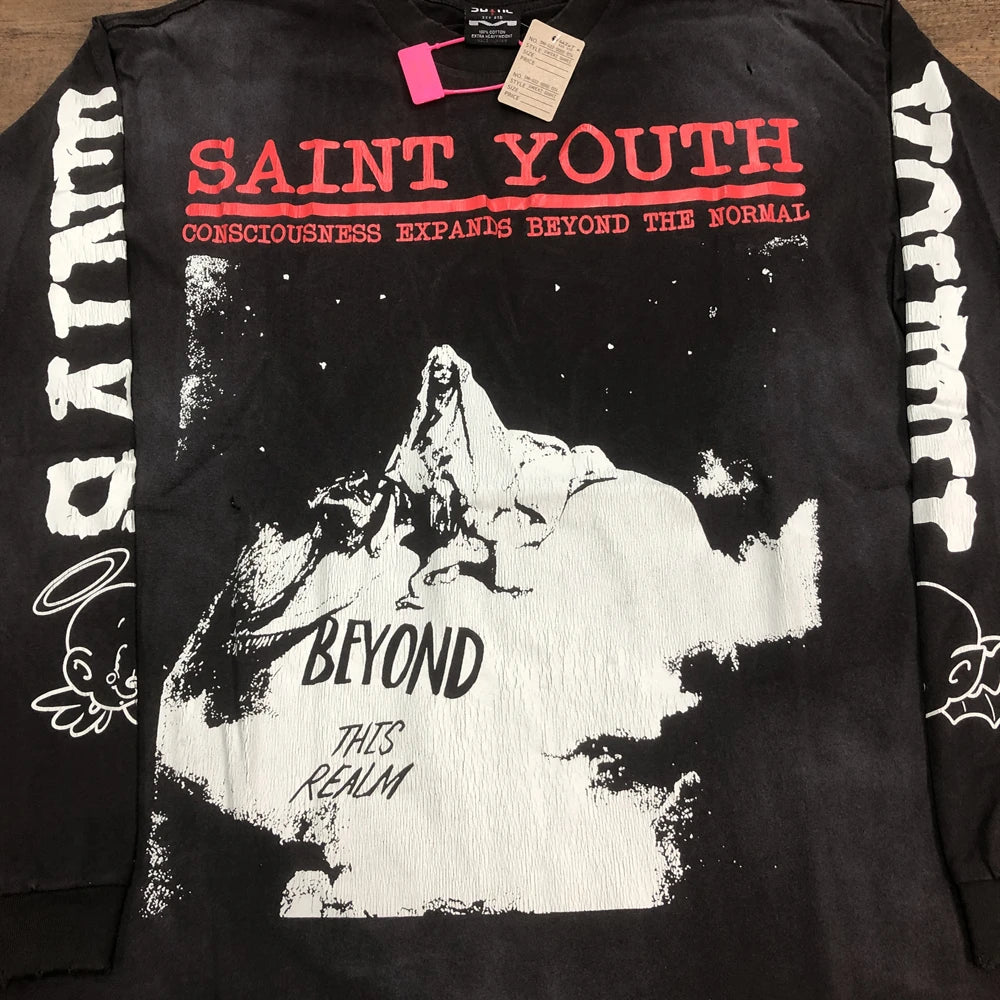 SAINT OF MICHAEL 1:1 Fashion American Style Streetwear Vintage Long Sleeves Tee Loose Oversized Tops 100%Cotton T Shirt Men