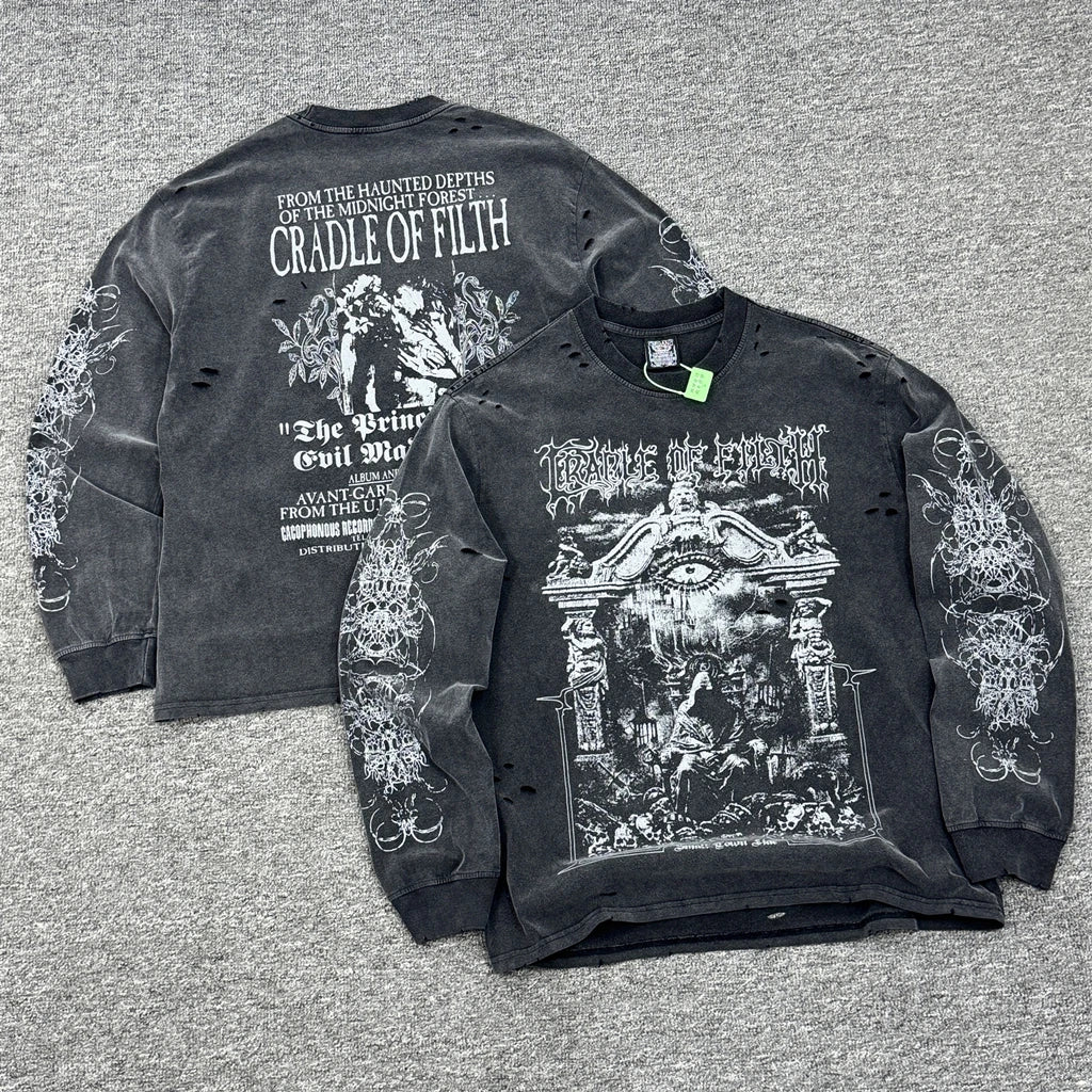 SAINT OF MICHAEL American Style Fashion Streetwear Vintage Hole Long Sleeves Tee Loose Oversized Tops 100%Cotton T Shirt Men