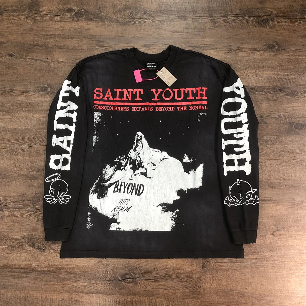 SAINT OF MICHAEL 1:1 Fashion American Style Streetwear Vintage Long Sleeves Tee Loose Oversized Tops 100%Cotton T Shirt Men